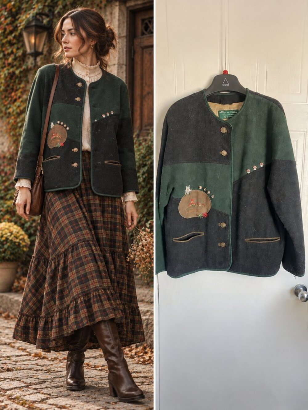 Loden Look Forest Green Black Wool Alpine Jacket Embroidered Cottagecore L
